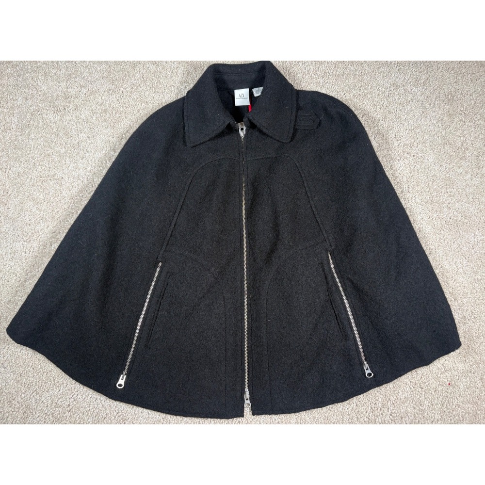 Armani Exchange Womens Black 100% Wool Full Zip Cape Coat Small RN91714